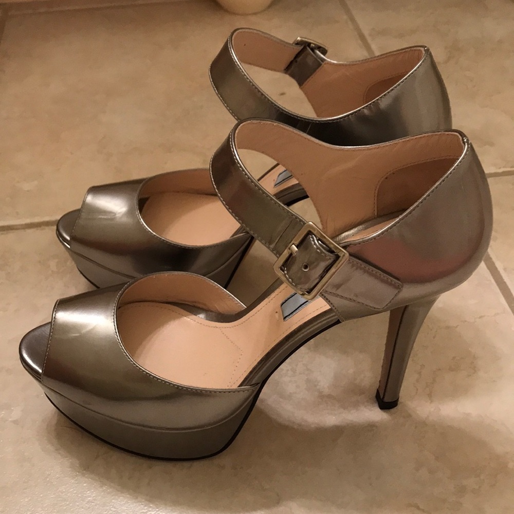 Silver metallic Prada platform peep-toe stiletto